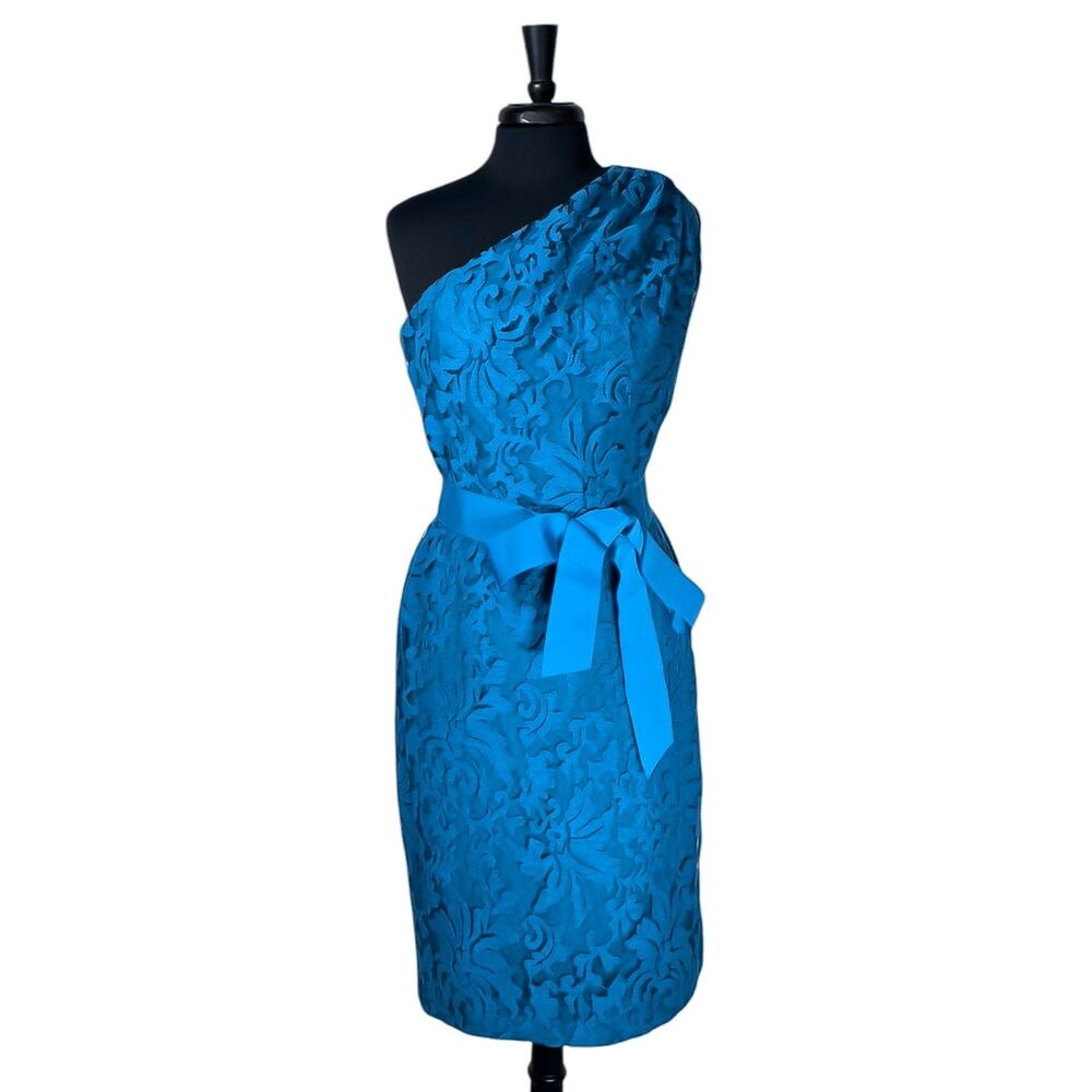 Tadashi Shoji Dress 12 Teal One Shoulder Floral Lace Sheath Belt Cocktail Party